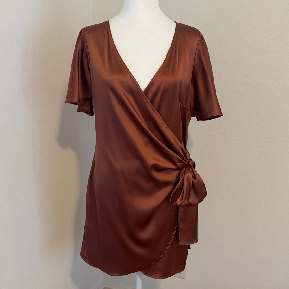 Chic Satin Wrap dress in Rich Brown